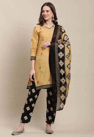 Beige Cotton Printed Salwar Suit with Dupatta