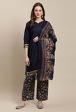 Navy Blue Cotton Printed Salwar Suit with Dupatta