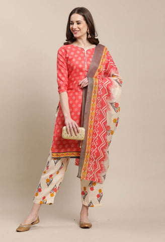 Peach Cotton Printed Salwar Suit with Dupatta