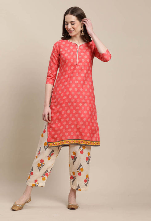 Rajnandini Peach Cotton Blend Printed Salwar Suit