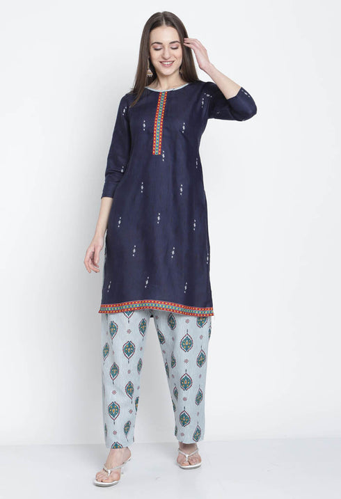 Rajnandini Navy Blue Cotton Blend Printed Salwar Suit
