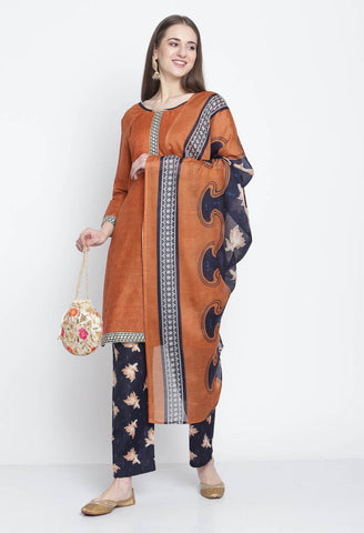 Brown Cotton Printed Salwar Suit with Dupatta