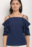 Navy Blue Polyester Solid Top